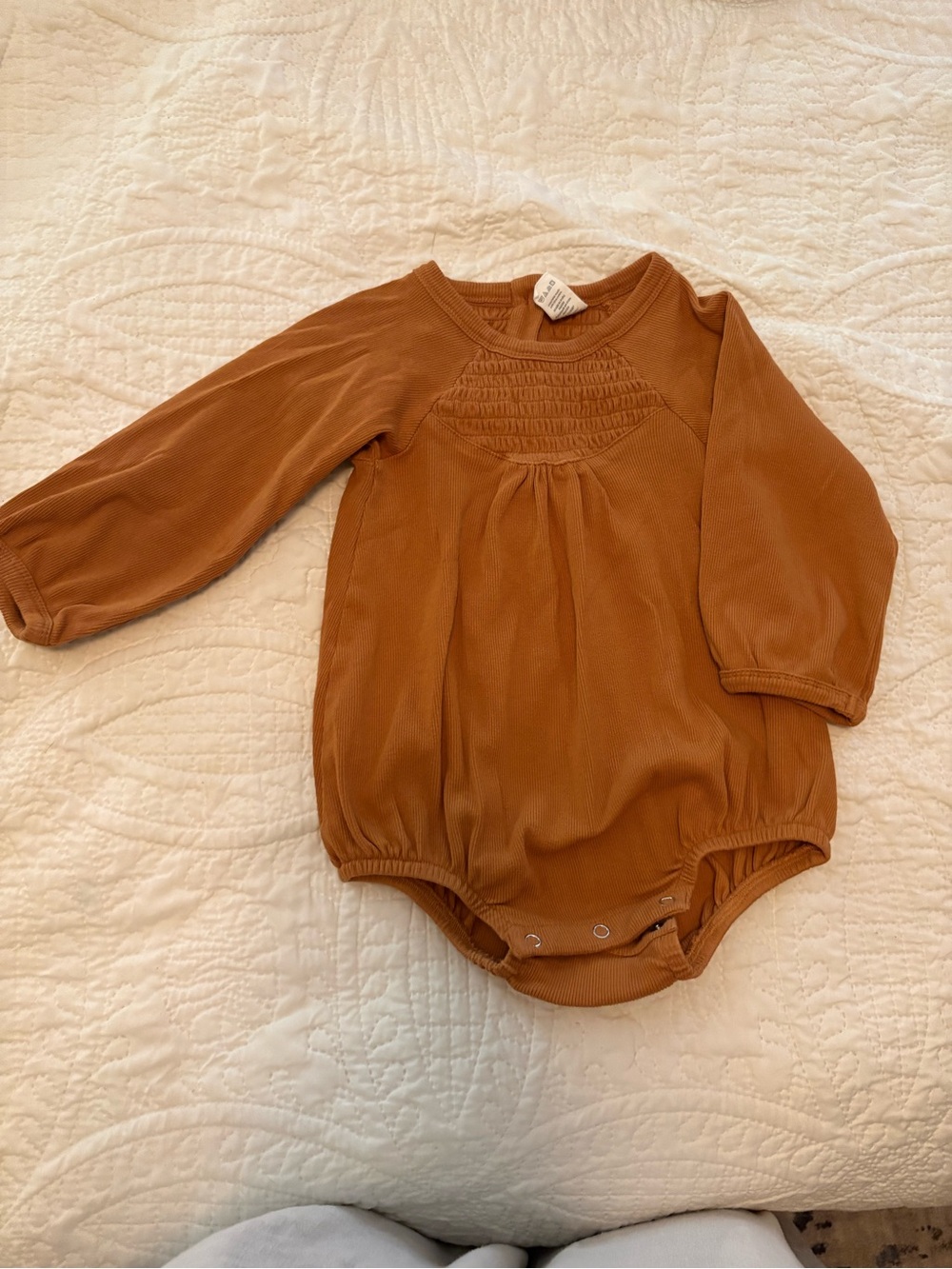 Kate Quinn Long-Sleeve Brown Smocked Baby One-Piece Romper mustard